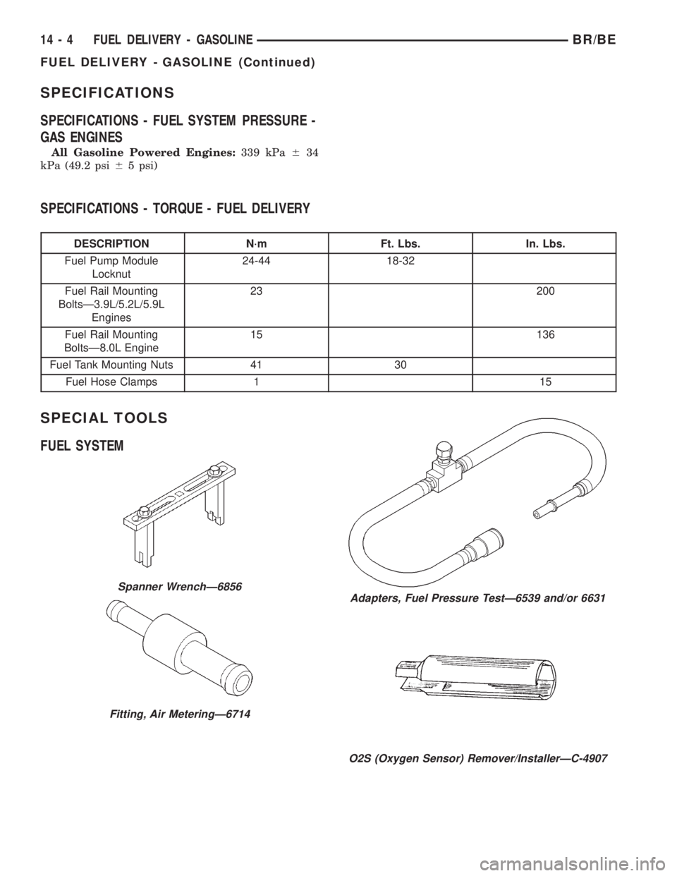 DODGE RAM 2001  Service Repair Manual SPECIFICATIONS
SPECIFICATIONS - FUEL SYSTEM PRESSURE -
GAS ENGINES
All Gasoline Powered Engines:339 kPa634
kPa (49.2 psi65 psi)
SPECIFICATIONS - TORQUE - FUEL DELIVERY
DESCRIPTION N´m Ft. Lbs. In. Lb