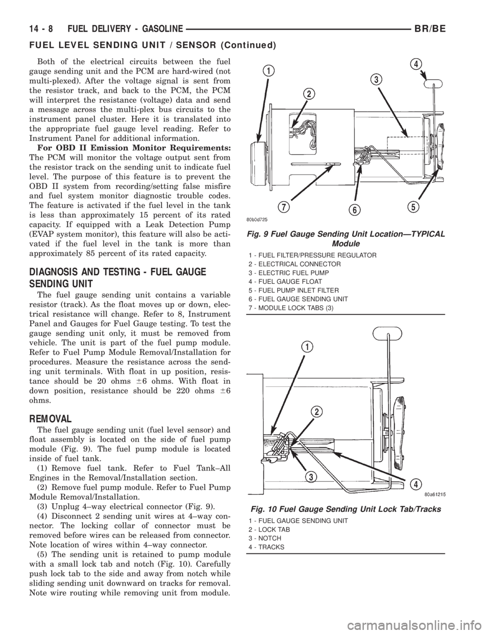 DODGE RAM 2001  Service Repair Manual Both of the electrical circuits between the fuel
gauge sending unit and the PCM are hard-wired (not
multi-plexed). After the voltage signal is sent from
the resistor track, and back to the PCM, the PC