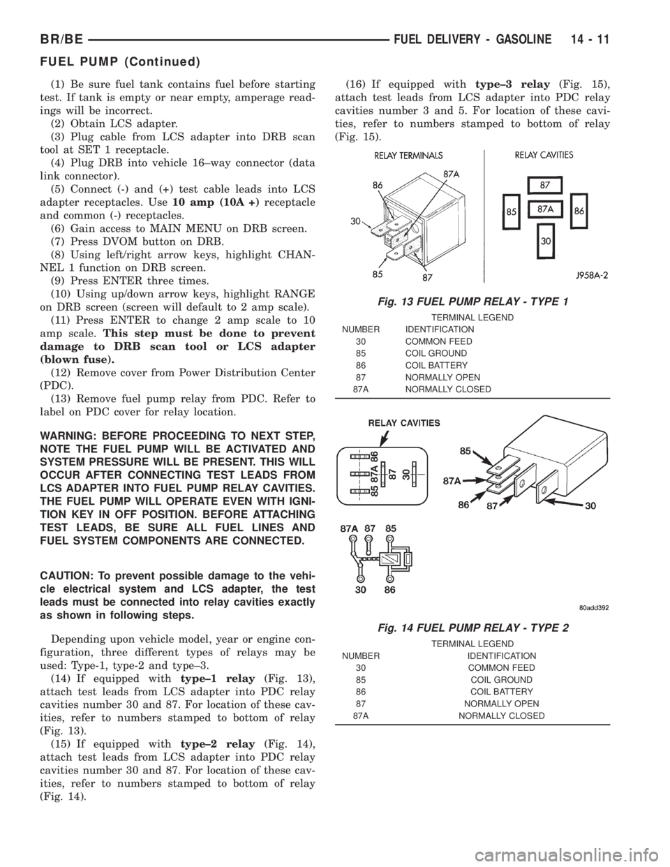 DODGE RAM 2001  Service Repair Manual (1) Be sure fuel tank contains fuel before starting
test. If tank is empty or near empty, amperage read-
ings will be incorrect.
(2) Obtain LCS adapter.
(3) Plug cable from LCS adapter into DRB scan
t