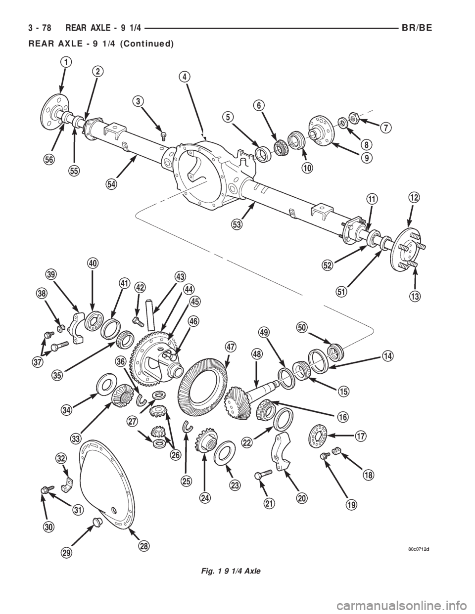 DODGE RAM 2001  Service Repair Manual Fig. 1 9 1/4 Axle
3 - 78 REAR AXLE-91/4BR/BE
REAR AXLE - 9 1/4 (Continued) 