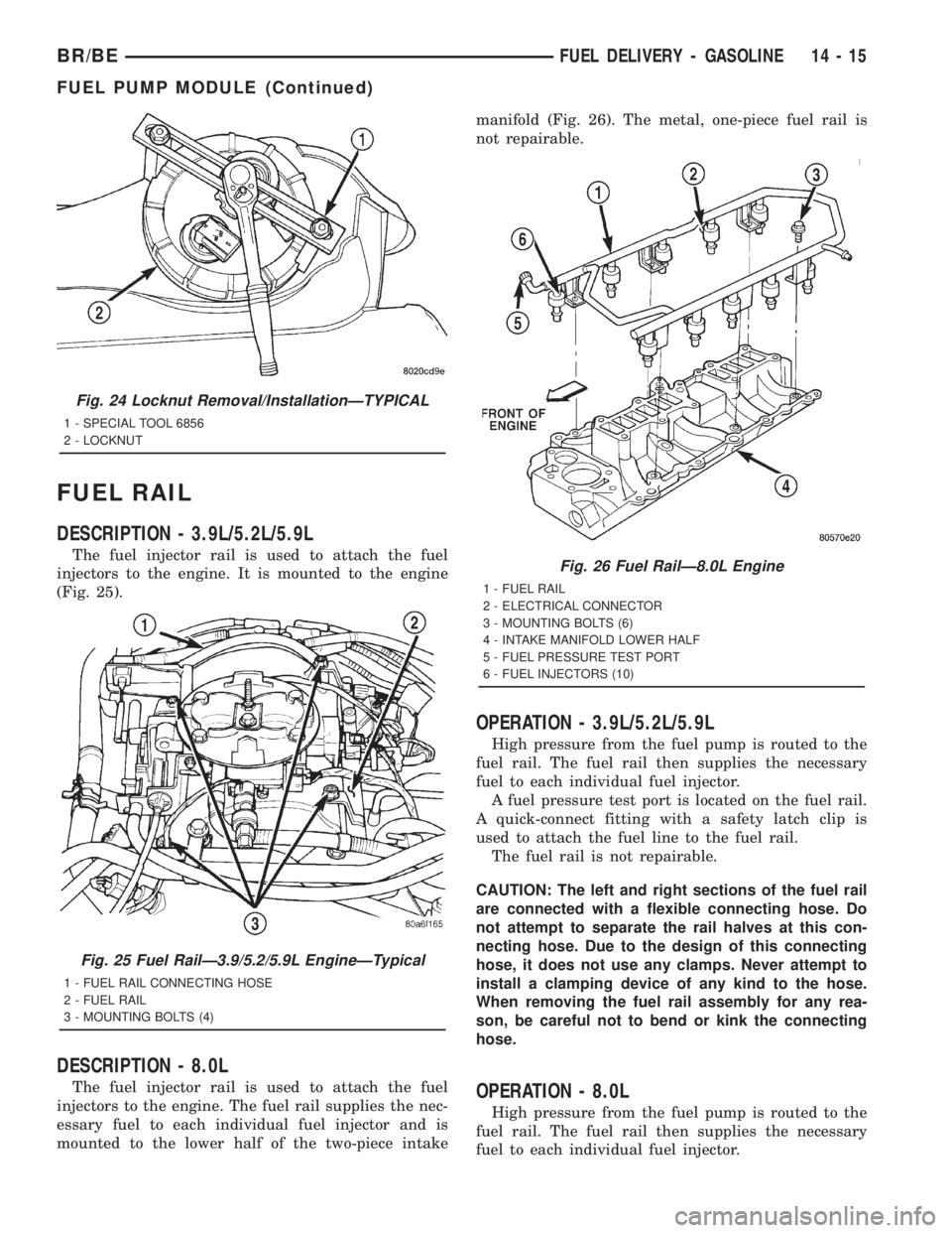 DODGE RAM 2001  Service Repair Manual FUEL RAIL
DESCRIPTION - 3.9L/5.2L/5.9L
The fuel injector rail is used to attach the fuel
injectors to the engine. It is mounted to the engine
(Fig. 25).
DESCRIPTION - 8.0L
The fuel injector rail is us