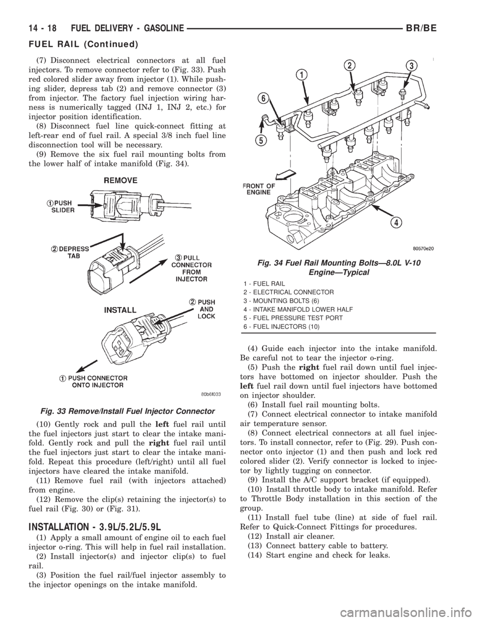 DODGE RAM 2001  Service Repair Manual (7) Disconnect electrical connectors at all fuel
injectors. To remove connector refer to (Fig. 33). Push
red colored slider away from injector (1). While push-
ing slider, depress tab (2) and remove c