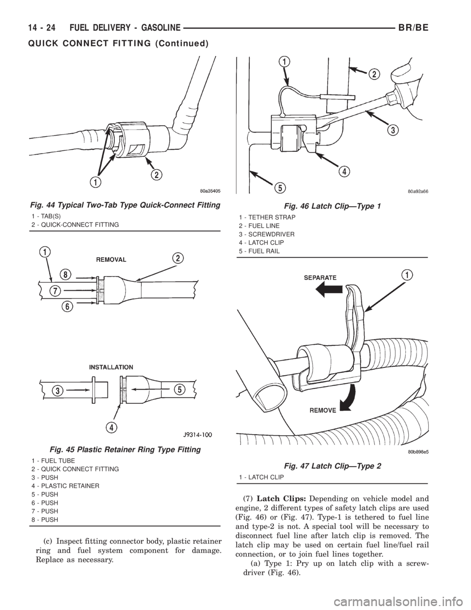 DODGE RAM 2001  Service Repair Manual (c) Inspect fitting connector body, plastic retainer
ring and fuel system component for damage.
Replace as necessary.(7)Latch Clips:Depending on vehicle model and
engine, 2 different types of safety l