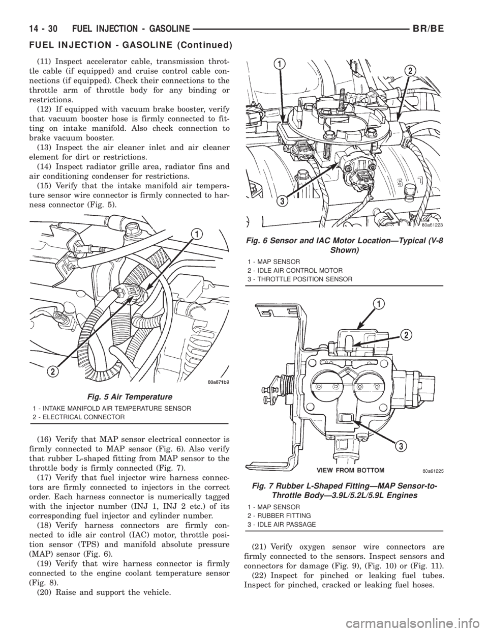 DODGE RAM 2001  Service Repair Manual (11) Inspect accelerator cable, transmission throt-
tle cable (if equipped) and cruise control cable con-
nections (if equipped). Check their connections to the
throttle arm of throttle body for any b