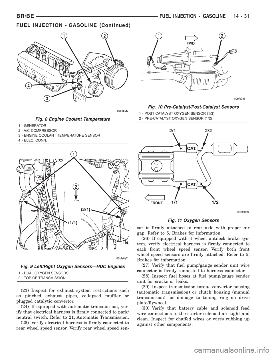 DODGE RAM 2001  Service Repair Manual (23) Inspect for exhaust system restrictions such
as pinched exhaust pipes, collapsed muffler or
plugged catalytic convertor.
(24) If equipped with automatic transmission, ver-
ify that electrical har
