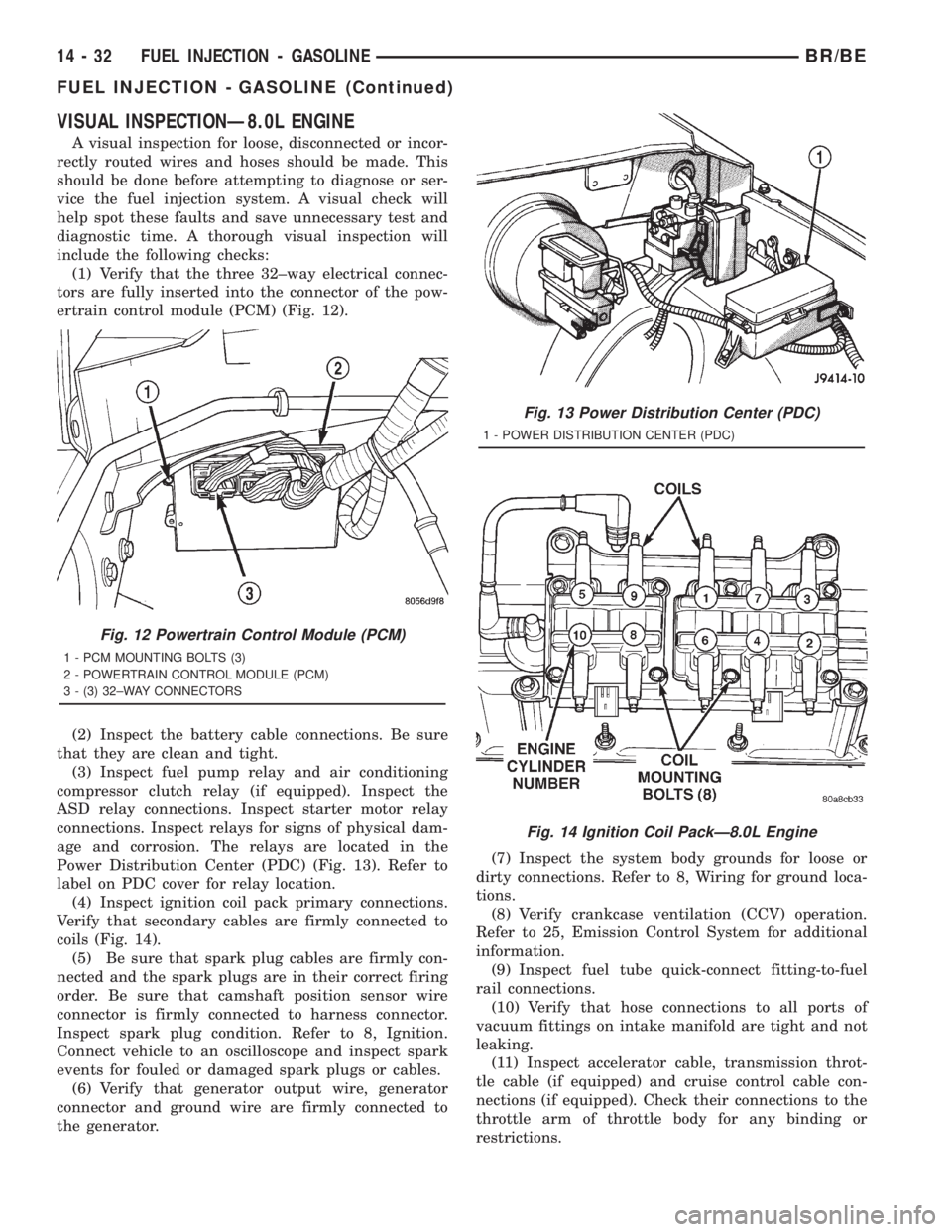 DODGE RAM 2001  Service Repair Manual VISUAL INSPECTIONÐ8.0L ENGINE
A visual inspection for loose, disconnected or incor-
rectly routed wires and hoses should be made. This
should be done before attempting to diagnose or ser-
vice the fu