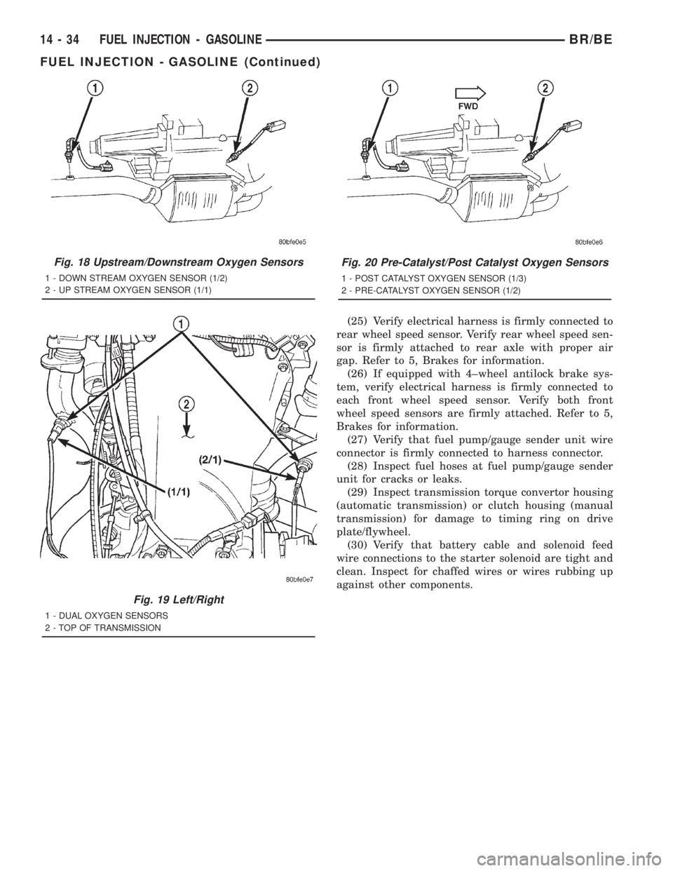 DODGE RAM 2001  Service Repair Manual (25) Verify electrical harness is firmly connected to
rear wheel speed sensor. Verify rear wheel speed sen-
sor is firmly attached to rear axle with proper air
gap. Refer to 5, Brakes for information.