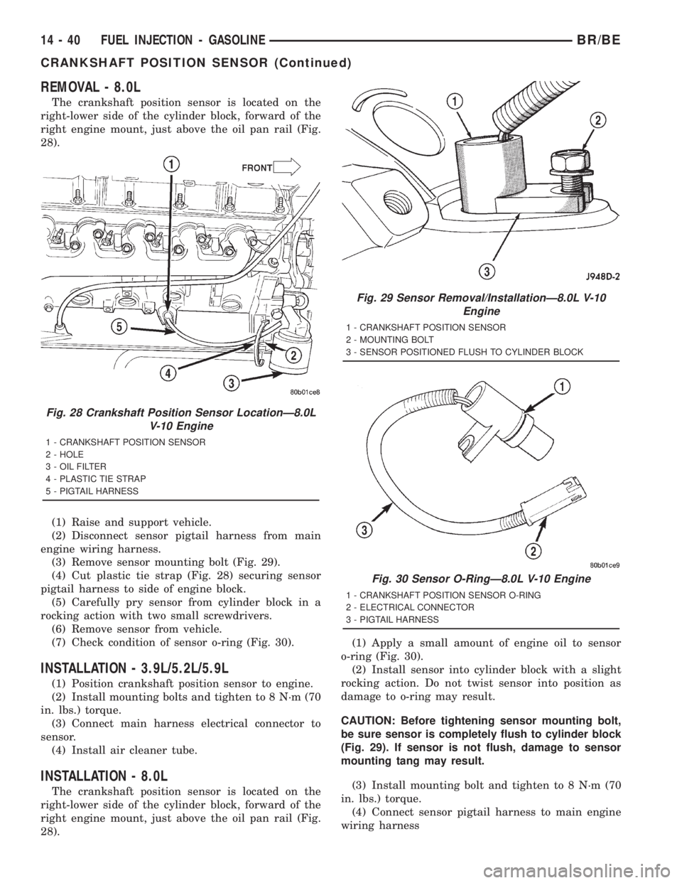 DODGE RAM 2001  Service Repair Manual REMOVAL - 8.0L
The crankshaft position sensor is located on the
right-lower side of the cylinder block, forward of the
right engine mount, just above the oil pan rail (Fig.
28).
(1) Raise and support 