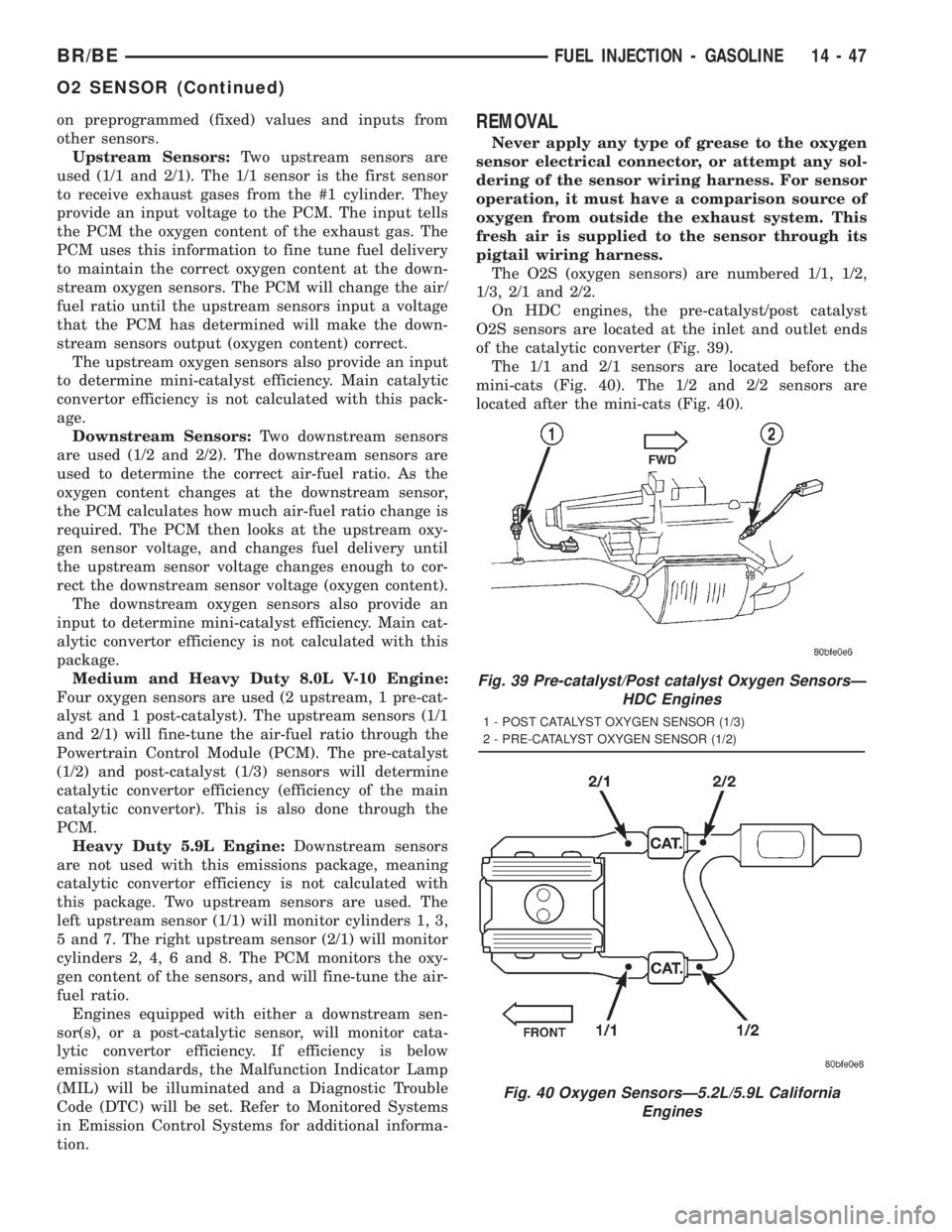 DODGE RAM 2001  Service Repair Manual on preprogrammed (fixed) values and inputs from
other sensors.
Upstream Sensors:Two upstream sensors are
used (1/1 and 2/1). The 1/1 sensor is the first sensor
to receive exhaust gases from the #1 cyl