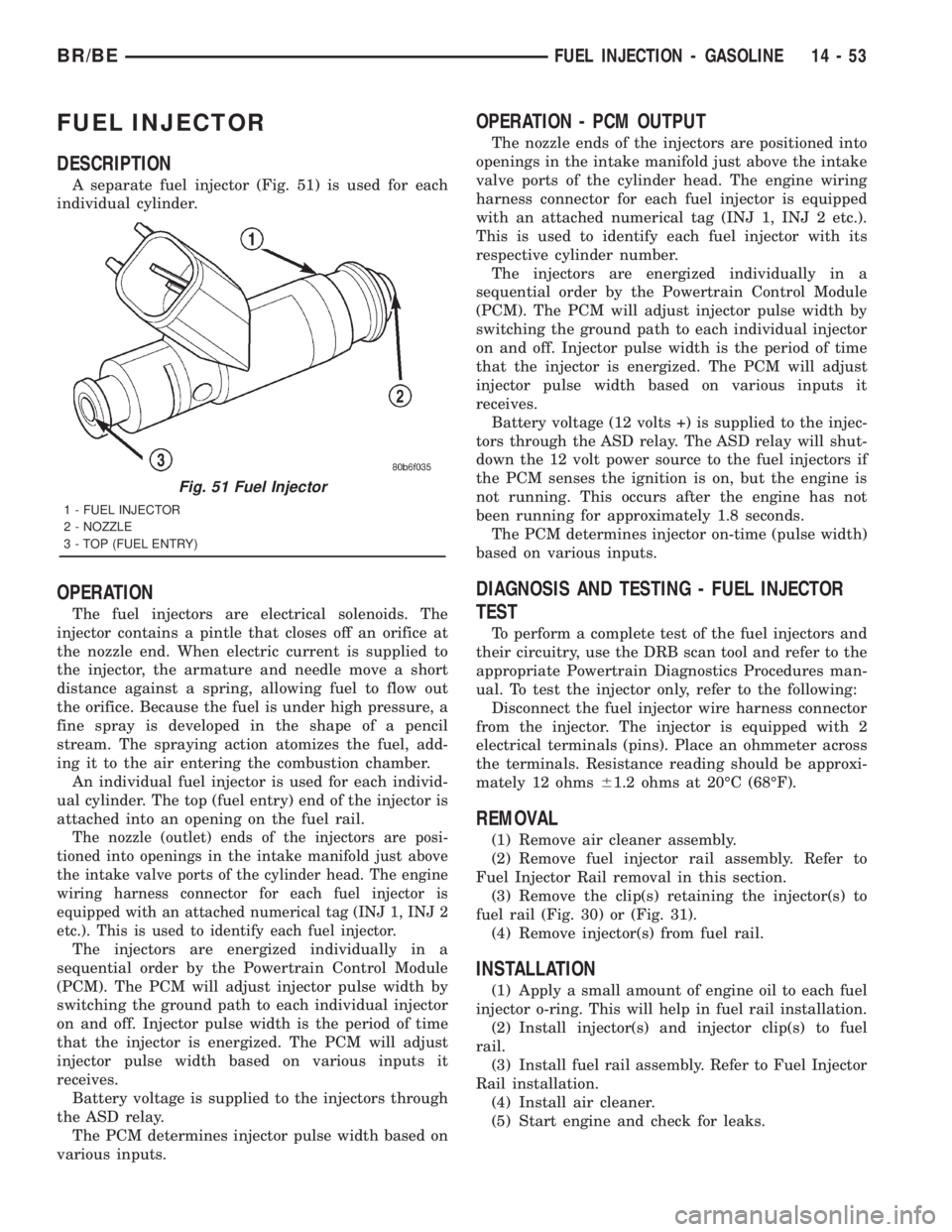 DODGE RAM 2001  Service Repair Manual FUEL INJECTOR
DESCRIPTION
A separate fuel injector (Fig. 51) is used for each
individual cylinder.
OPERATION
The fuel injectors are electrical solenoids. The
injector contains a pintle that closes off