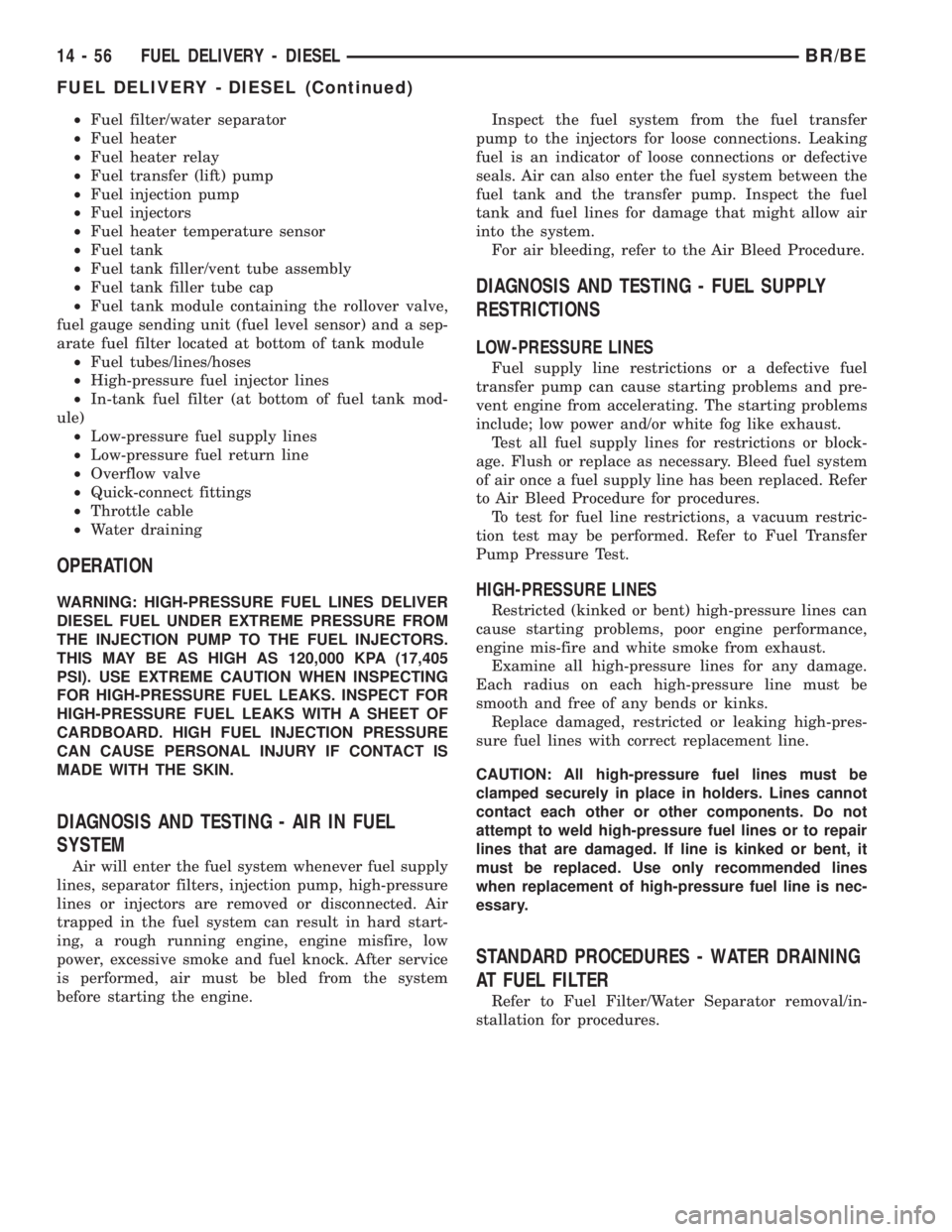 DODGE RAM 2001  Service Repair Manual ²Fuel filter/water separator
²Fuel heater
²Fuel heater relay
²Fuel transfer (lift) pump
²Fuel injection pump
²Fuel injectors
²Fuel heater temperature sensor
²Fuel tank
²Fuel tank filler/vent 