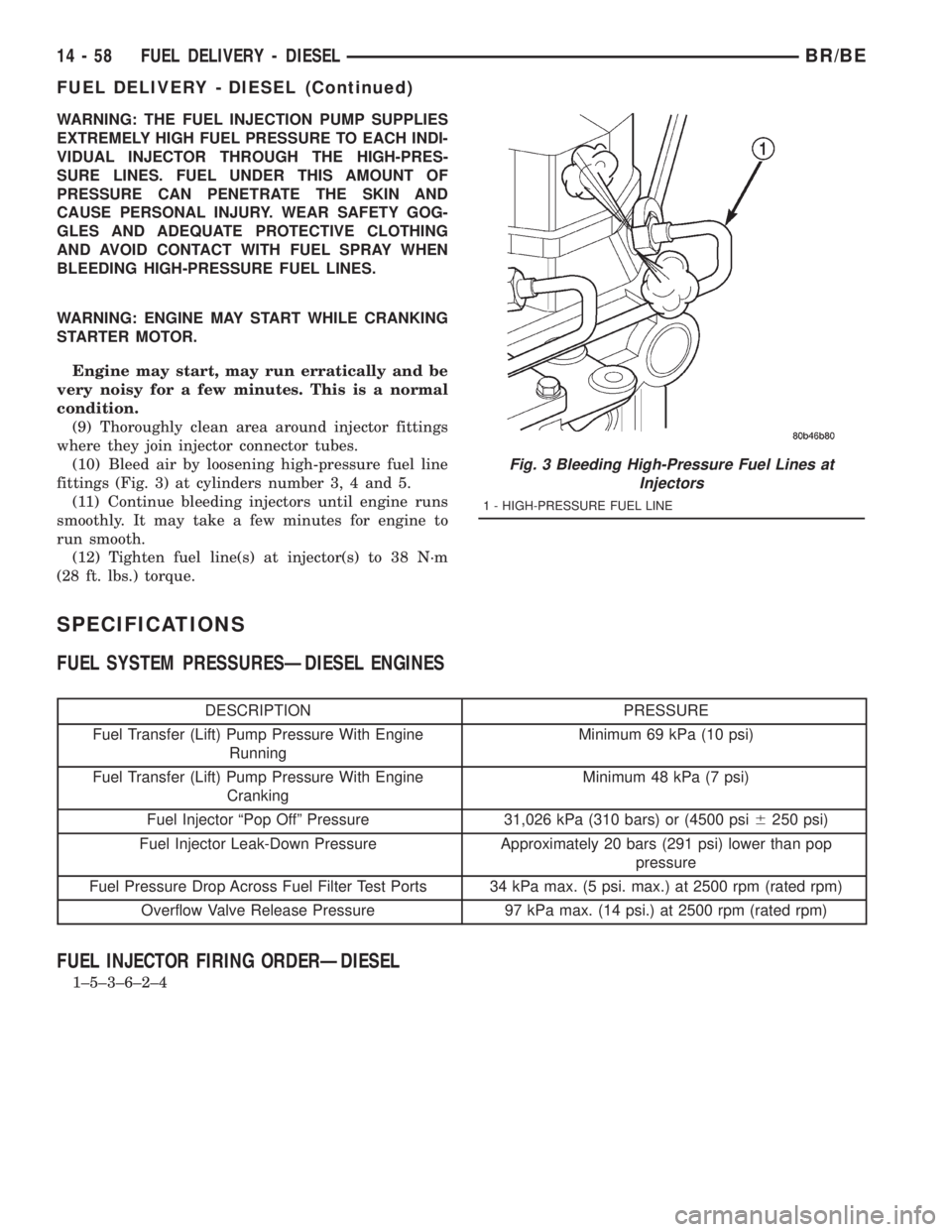DODGE RAM 2001  Service Repair Manual WARNING: THE FUEL INJECTION PUMP SUPPLIES
EXTREMELY HIGH FUEL PRESSURE TO EACH INDI-
VIDUAL INJECTOR THROUGH THE HIGH-PRES-
SURE LINES. FUEL UNDER THIS AMOUNT OF
PRESSURE CAN PENETRATE THE SKIN AND
CA