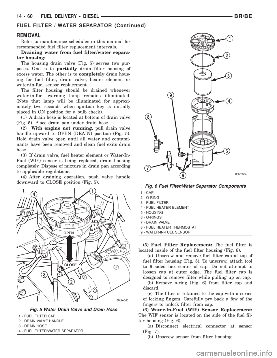 DODGE RAM 2001  Service Repair Manual REMOVAL
Refer to maintenance schedules in this manual for
recommended fuel filter replacement intervals.
Draining water from fuel filter/water separa-
tor housing:
The housing drain valve (Fig. 5) ser