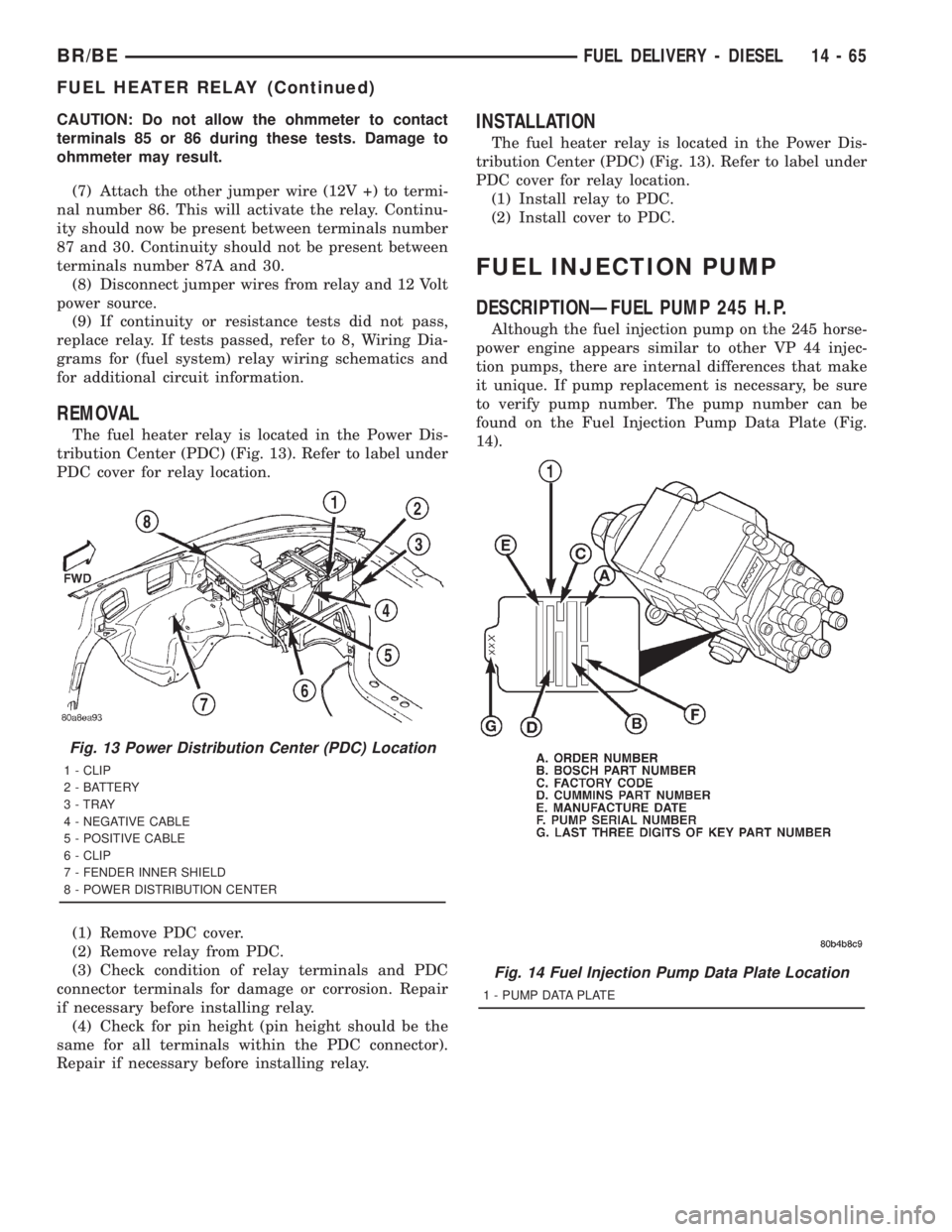DODGE RAM 2001  Service Repair Manual CAUTION: Do not allow the ohmmeter to contact
terminals 85 or 86 during these tests. Damage to
ohmmeter may result.
(7) Attach the other jumper wire (12V +) to termi-
nal number 86. This will activate