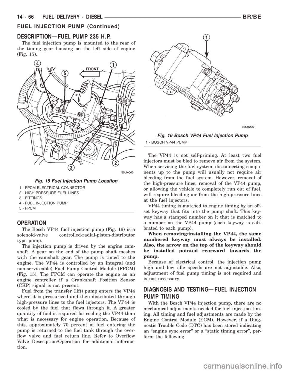 DODGE RAM 2001  Service Repair Manual DESCRIPTIONÐFUEL PUMP 235 H.P.
The fuel injection pump is mounted to the rear of
the timing gear housing on the left side of engine
(Fig. 15).
OPERATION
The Bosch VP44 fuel injection pump (Fig. 16) i