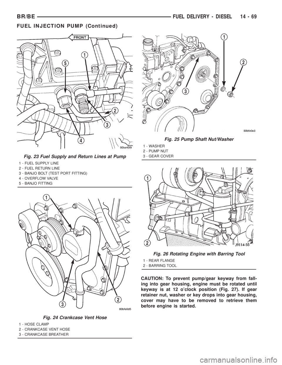 DODGE RAM 2001  Service Repair Manual CAUTION: To prevent pump/gear keyway from fall-
ing into gear housing, engine must be rotated until
keyway is at 12 oclock position (Fig. 27). If gear
retainer nut, washer or key drops into gear hous