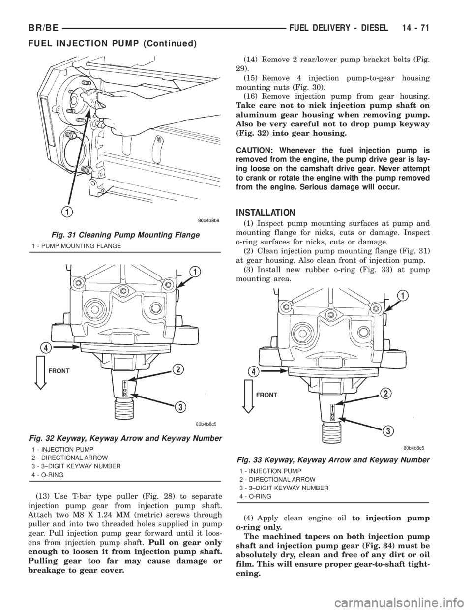 DODGE RAM 2001  Service Repair Manual (13) Use T-bar type puller (Fig. 28) to separate
injection pump gear from injection pump shaft.
Attach two M8 X 1.24 MM (metric) screws through
puller and into two threaded holes supplied in pump
gear