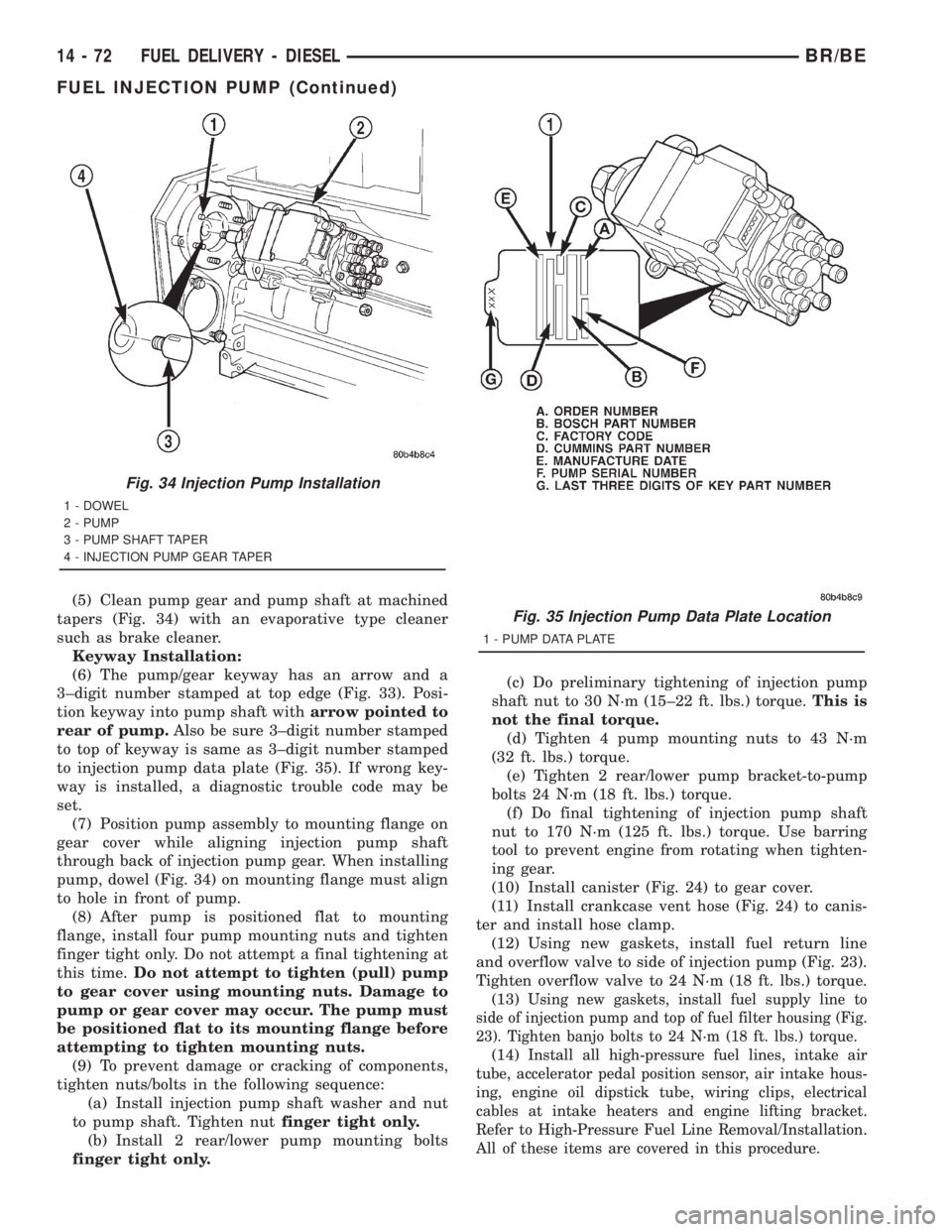 DODGE RAM 2001  Service Repair Manual (5) Clean pump gear and pump shaft at machined
tapers (Fig. 34) with an evaporative type cleaner
such as brake cleaner.
Keyway Installation:
(6) The pump/gear keyway has an arrow and a
3±digit number