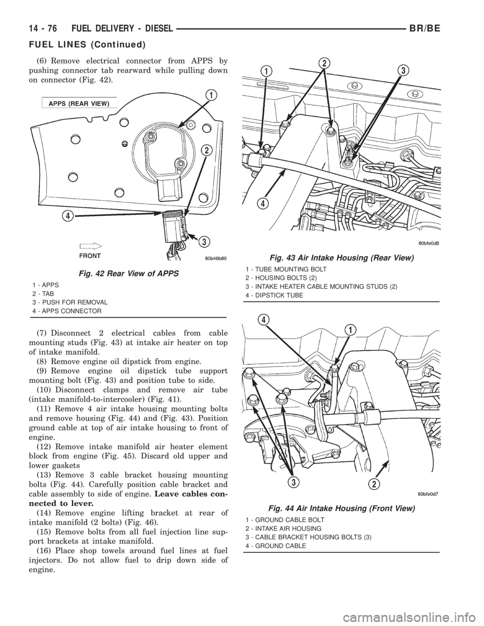 DODGE RAM 2001 Service Repair Manual (6) Remove electrical connector from APPS by
pushing connector tab rearward while pulling down
on connector (Fig. 42).
(7) Disconnect 2 electrical cables from cable
mounting studs (Fig. 43) at intake DODGE RAM 2001 Service Repair Manual (6) Remove electrical connector from APPS by
pushing connector tab rearward while pulling down
on connector (Fig. 42).
(7) Disconnect 2 electrical cables from cable
mounting studs (Fig. 43) at intake