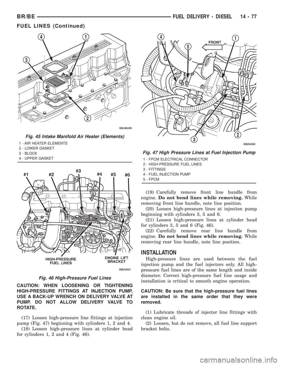 DODGE RAM 2001 Service Repair Manual CAUTION: WHEN LOOSENING OR TIGHTENING
HIGH-PRESSURE FITTINGS AT INJECTION PUMP,
USE A BACK-UP WRENCH ON DELIVERY VALVE AT
PUMP. DO NOT ALLOW DELIVERY VALVE TO
ROTATE.
(17) Loosen high-pressure line fi DODGE RAM 2001 Service Repair Manual CAUTION: WHEN LOOSENING OR TIGHTENING
HIGH-PRESSURE FITTINGS AT INJECTION PUMP,
USE A BACK-UP WRENCH ON DELIVERY VALVE AT
PUMP. DO NOT ALLOW DELIVERY VALVE TO
ROTATE.
(17) Loosen high-pressure line fi