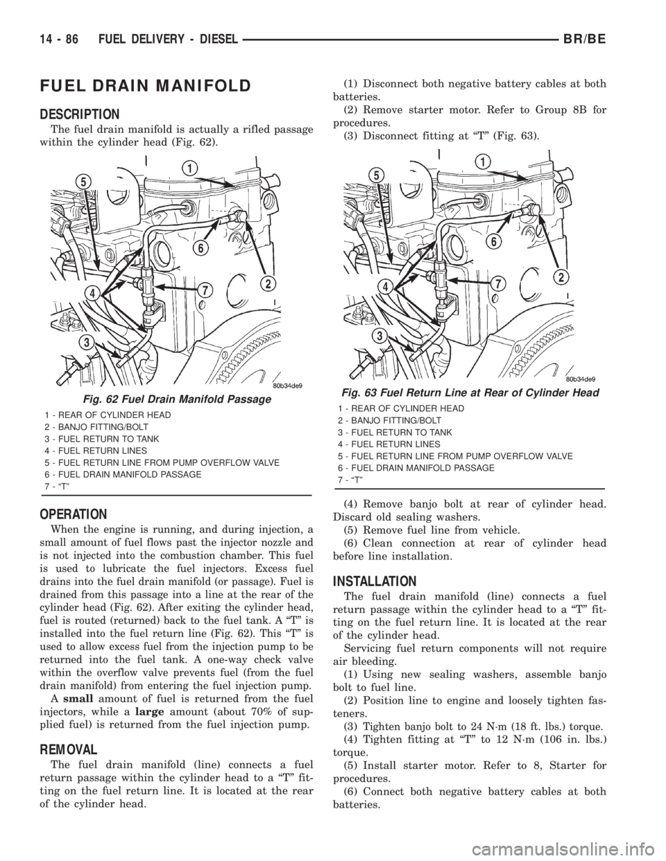 DODGE RAM 2001 Service Repair Manual FUEL DRAIN MANIFOLD
DESCRIPTION
The fuel drain manifold is actually a rifled passage
within the cylinder head (Fig. 62).
OPERATION
When the engine is running, and during injection, a
small amount of f DODGE RAM 2001 Service Repair Manual FUEL DRAIN MANIFOLD
DESCRIPTION
The fuel drain manifold is actually a rifled passage
within the cylinder head (Fig. 62).
OPERATION
When the engine is running, and during injection, a
small amount of f