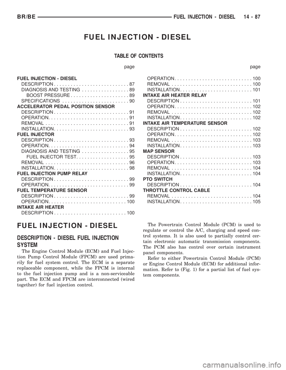DODGE RAM 2001 Service Repair Manual FUEL INJECTION - DIESEL
TABLE OF CONTENTS
page page
FUEL INJECTION - DIESEL
DESCRIPTION...........................87
DIAGNOSIS AND TESTING.................89
BOOST PRESSURE.....................89
SPEC DODGE RAM 2001 Service Repair Manual FUEL INJECTION - DIESEL
TABLE OF CONTENTS
page page
FUEL INJECTION - DIESEL
DESCRIPTION...........................87
DIAGNOSIS AND TESTING.................89
BOOST PRESSURE.....................89
SPEC