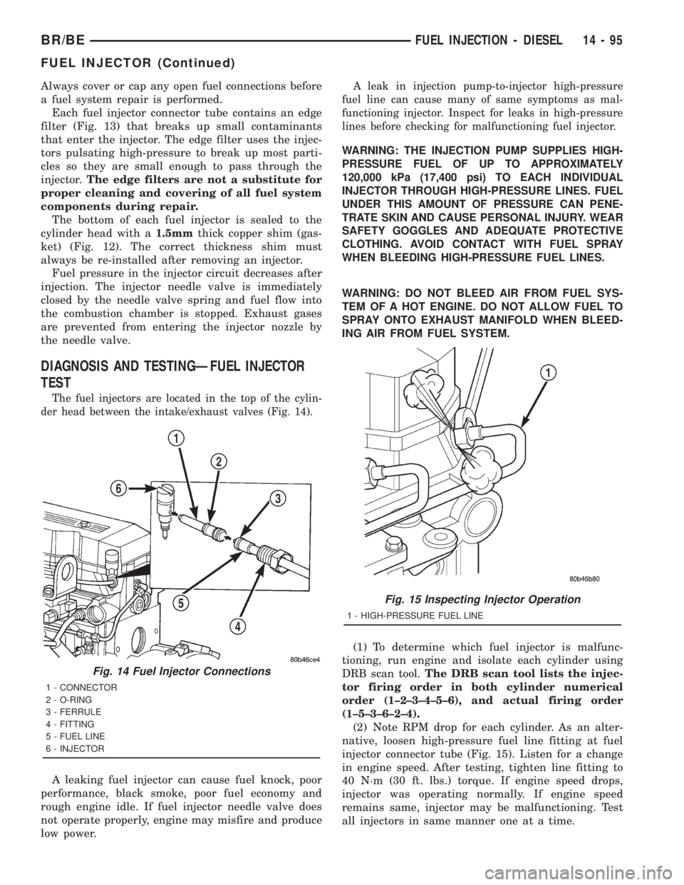 DODGE RAM 2001  Service Repair Manual Always cover or cap any open fuel connections before
a fuel system repair is performed.
Each fuel injector connector tube contains an edge
filter (Fig. 13) that breaks up small contaminants
that enter