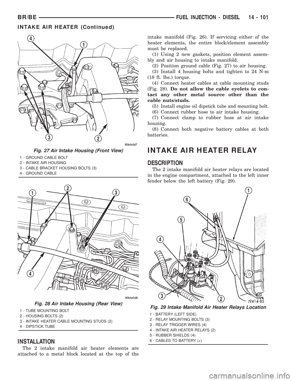 DODGE RAM 2001  Service Repair Manual INSTALLATION
The 2 intake manifold air heater elements are
attached to a metal block located at the top of theintake manifold (Fig. 26). If servicing either of the
heater elements, the entire block/el
