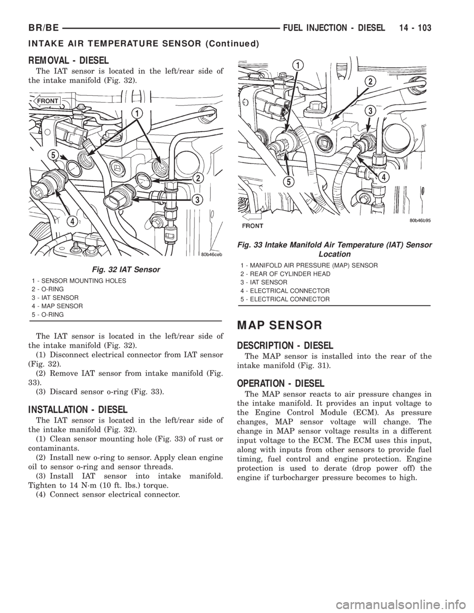 DODGE RAM 2001  Service Repair Manual REMOVAL - DIESEL
The IAT sensor is located in the left/rear side of
the intake manifold (Fig. 32).
The IAT sensor is located in the left/rear side of
the intake manifold (Fig. 32).
(1) Disconnect elec