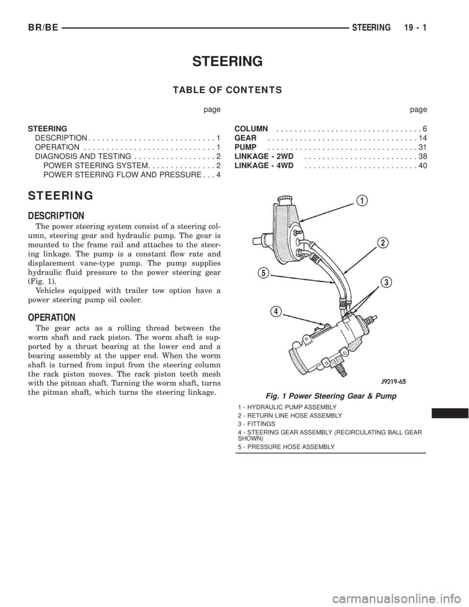 DODGE RAM 2001  Service Repair Manual STEERING
TABLE OF CONTENTS
page page
STEERING
DESCRIPTION............................1
OPERATION.............................1
DIAGNOSIS AND TESTING..................2
POWER STEERING SYSTEM...........