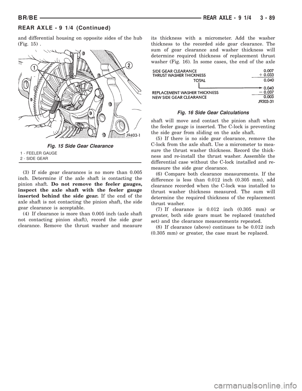 DODGE RAM 2001  Service Repair Manual and differential housing on opposite sides of the hub
(Fig. 15) .
(3) If side gear clearances is no more than 0.005
inch. Determine if the axle shaft is contacting the
pinion shaft.Do not remove the f