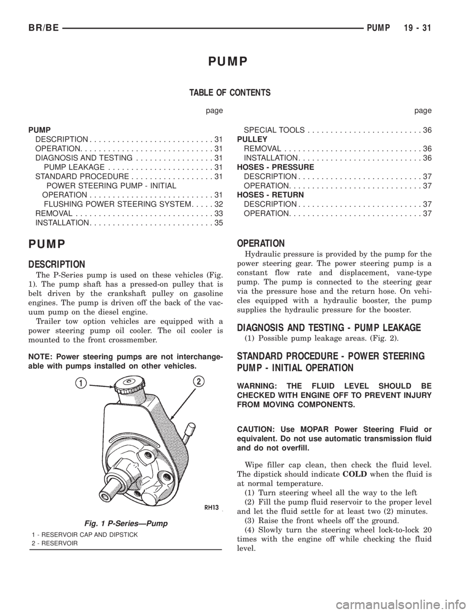 DODGE RAM 2001 Service Repair Manual PUMP
TABLE OF CONTENTS
page page
PUMP
DESCRIPTION...........................31
OPERATION.............................31
DIAGNOSIS AND TESTING.................31
PUMP LEAKAGE.......................31
S DODGE RAM 2001 Service Repair Manual PUMP
TABLE OF CONTENTS
page page
PUMP
DESCRIPTION...........................31
OPERATION.............................31
DIAGNOSIS AND TESTING.................31
PUMP LEAKAGE.......................31
S