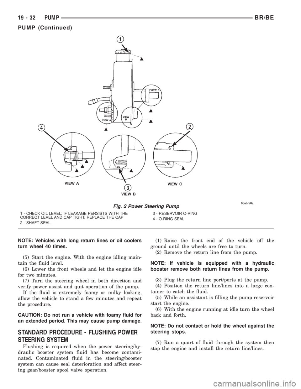 DODGE RAM 2001 Service Repair Manual NOTE: Vehicles with long return lines or oil coolers
turn wheel 40 times.
(5) Start the engine. With the engine idling main-
tain the fluid level.
(6) Lower the front wheels and let the engine idle
fo DODGE RAM 2001 Service Repair Manual NOTE: Vehicles with long return lines or oil coolers
turn wheel 40 times.
(5) Start the engine. With the engine idling main-
tain the fluid level.
(6) Lower the front wheels and let the engine idle
fo