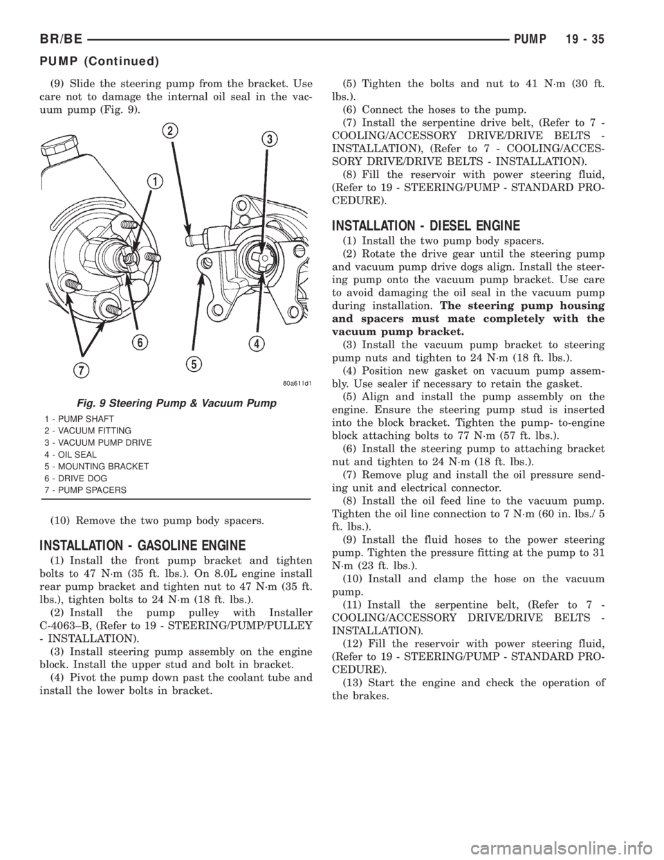 DODGE RAM 2001 Service Repair Manual (9) Slide the steering pump from the bracket. Use
care not to damage the internal oil seal in the vac-
uum pump (Fig. 9).
(10) Remove the two pump body spacers.
INSTALLATION - GASOLINE ENGINE
(1) Inst DODGE RAM 2001 Service Repair Manual (9) Slide the steering pump from the bracket. Use
care not to damage the internal oil seal in the vac-
uum pump (Fig. 9).
(10) Remove the two pump body spacers.
INSTALLATION - GASOLINE ENGINE
(1) Inst