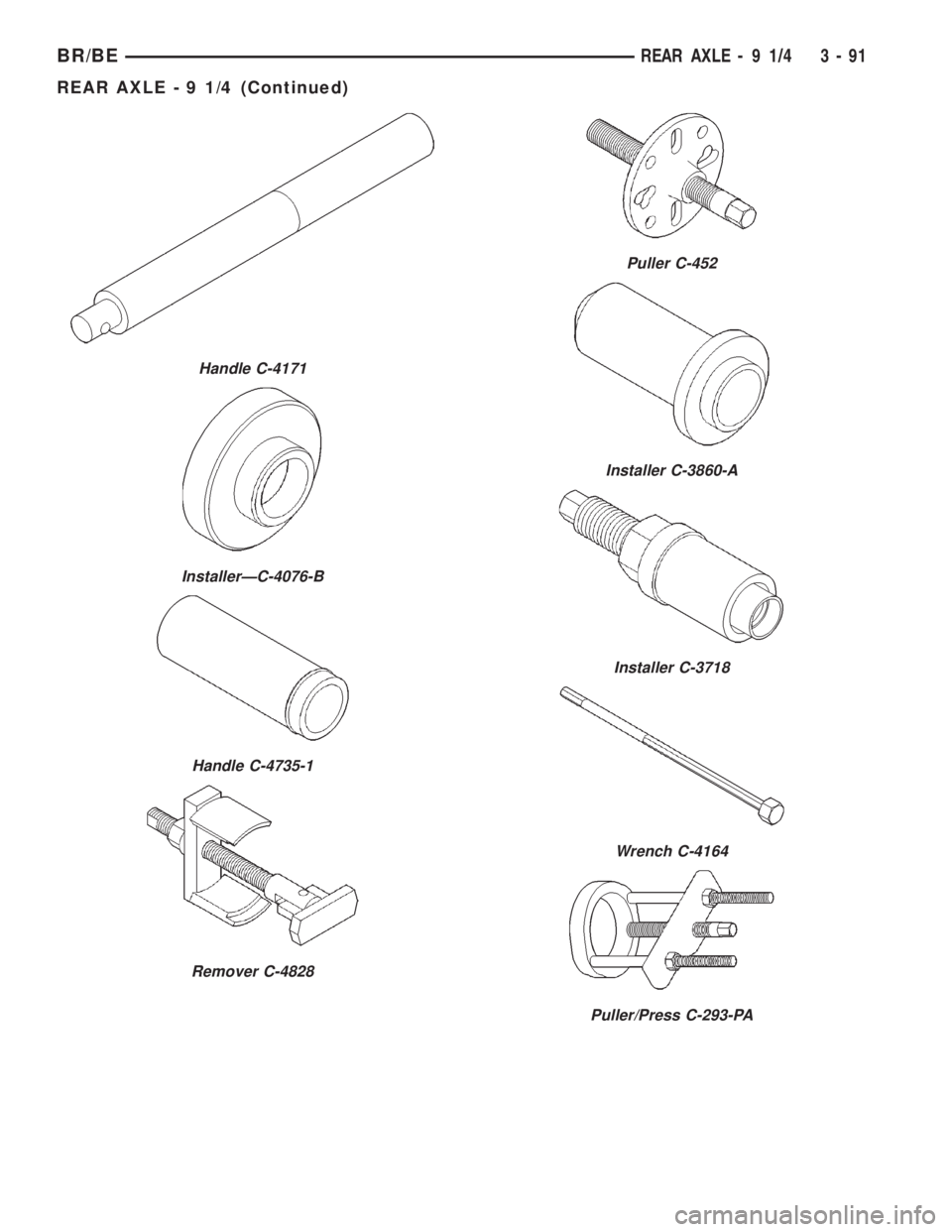 DODGE RAM 2001  Service Repair Manual Handle C-4171
InstallerÐC-4076-B
Handle C-4735-1
Remover C-4828
Puller C-452
Installer C-3860-A
Installer C-3718
Wrench C-4164
Puller/Press C-293-PA
BR/BEREAR AXLE - 9 1/4 3 - 91
REAR AXLE - 9 1/4 (C