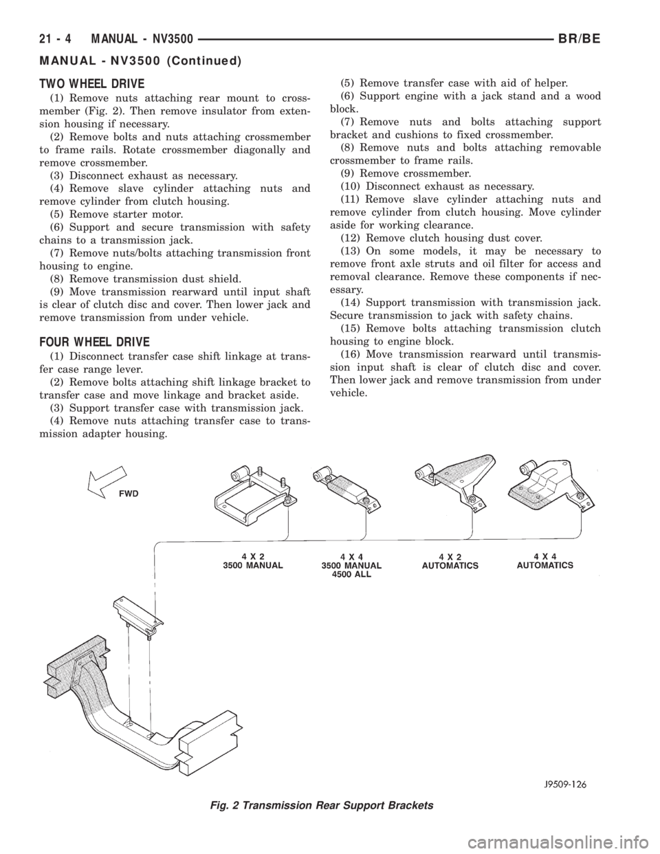 DODGE RAM 2001  Service Repair Manual TWO WHEEL DRIVE
(1) Remove nuts attaching rear mount to cross-
member (Fig. 2). Then remove insulator from exten-
sion housing if necessary.
(2) Remove bolts and nuts attaching crossmember
to frame ra