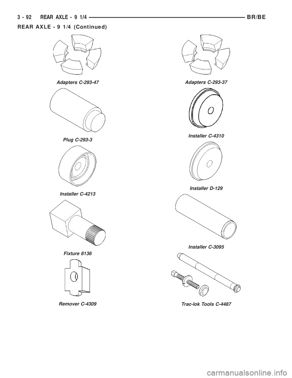 DODGE RAM 2001  Service Repair Manual Adapters C-293-47
Plug C-293-3
Installer C-4213
Fixture 8136
Remover C-4309
Adapters C-293-37
Installer C-4310
Installer D-129
Installer C-3095
Trac-lok Tools C-4487
3 - 92 REAR AXLE-91/4BR/BE
REAR AX