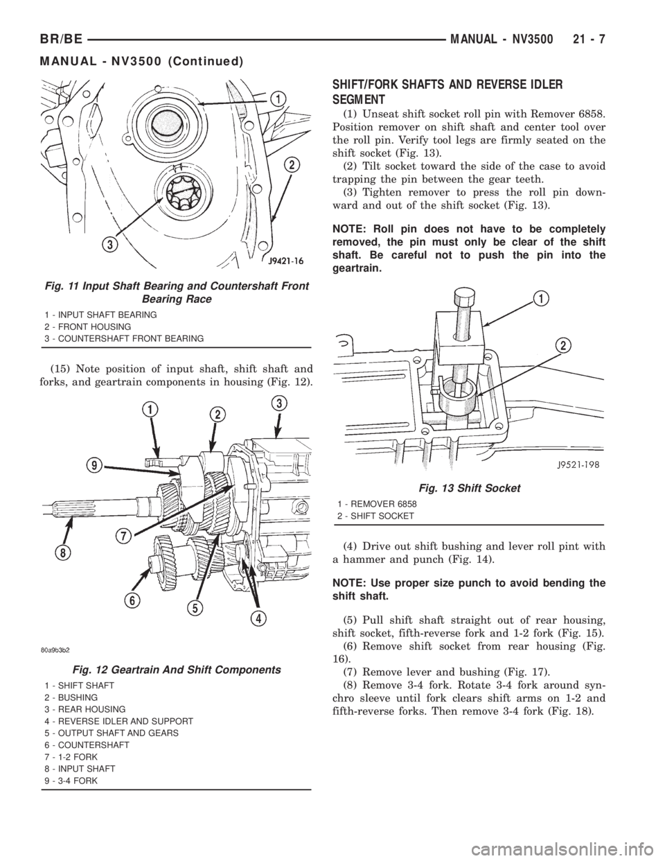 DODGE RAM 2001 Service Repair Manual (15) Note position of input shaft, shift shaft and
forks, and geartrain components in housing (Fig. 12).
SHIFT/FORK SHAFTS AND REVERSE IDLER
SEGMENT
(1) Unseat shift socket roll pin with Remover 6858. DODGE RAM 2001 Service Repair Manual (15) Note position of input shaft, shift shaft and
forks, and geartrain components in housing (Fig. 12).
SHIFT/FORK SHAFTS AND REVERSE IDLER
SEGMENT
(1) Unseat shift socket roll pin with Remover 6858.