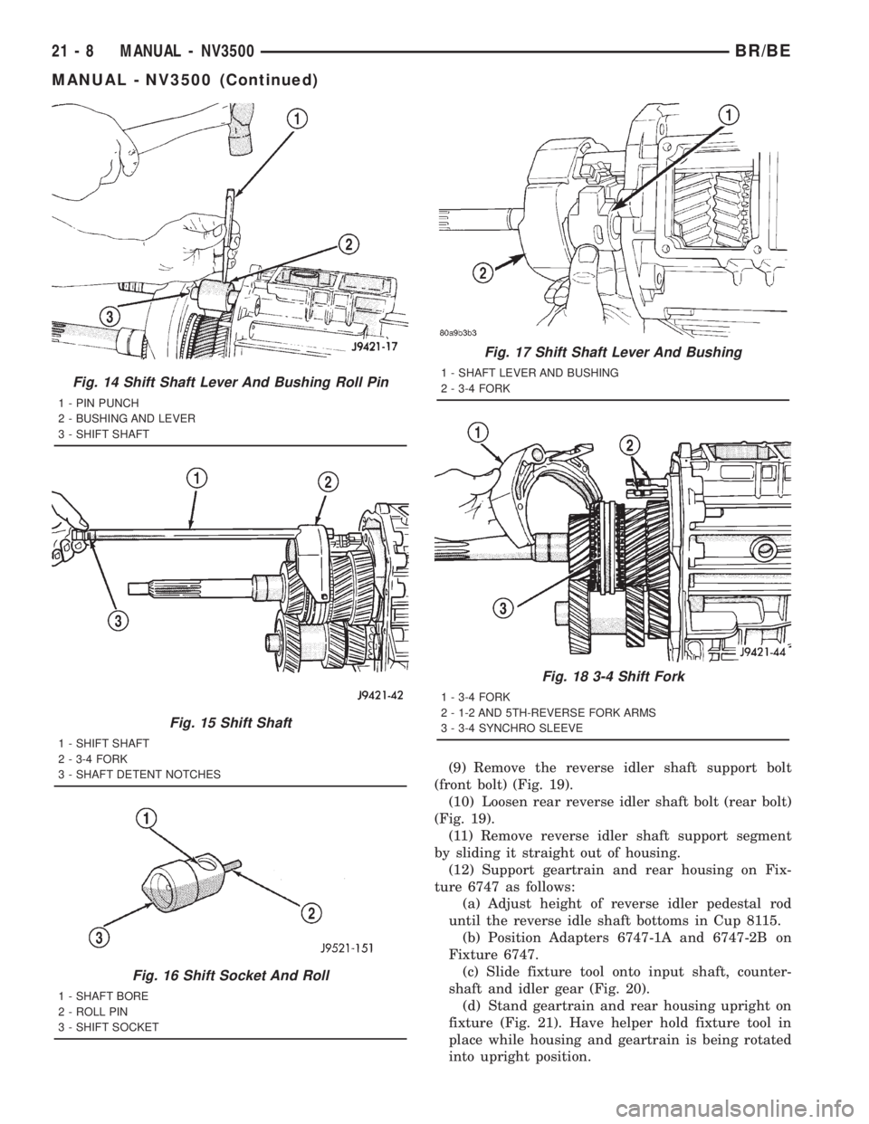 DODGE RAM 2001 Service Repair Manual (9) Remove the reverse idler shaft support bolt
(front bolt) (Fig. 19).
(10) Loosen rear reverse idler shaft bolt (rear bolt)
(Fig. 19).
(11) Remove reverse idler shaft support segment
by sliding it s DODGE RAM 2001 Service Repair Manual (9) Remove the reverse idler shaft support bolt
(front bolt) (Fig. 19).
(10) Loosen rear reverse idler shaft bolt (rear bolt)
(Fig. 19).
(11) Remove reverse idler shaft support segment
by sliding it s