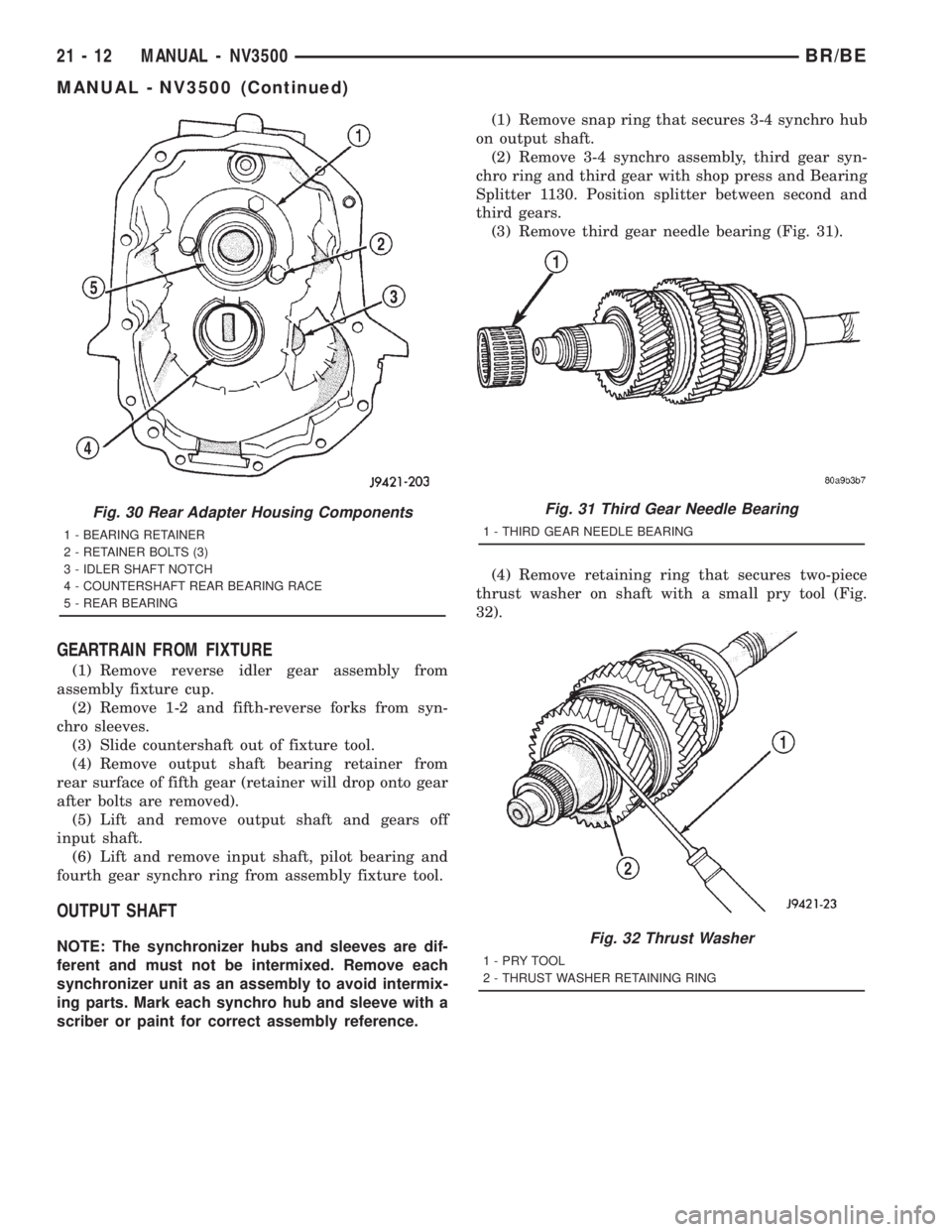 DODGE RAM 2001 Service Repair Manual GEARTRAIN FROM FIXTURE
(1) Remove reverse idler gear assembly from
assembly fixture cup.
(2) Remove 1-2 and fifth-reverse forks from syn-
chro sleeves.
(3) Slide countershaft out of fixture tool.
(4) DODGE RAM 2001 Service Repair Manual GEARTRAIN FROM FIXTURE
(1) Remove reverse idler gear assembly from
assembly fixture cup.
(2) Remove 1-2 and fifth-reverse forks from syn-
chro sleeves.
(3) Slide countershaft out of fixture tool.
(4)
