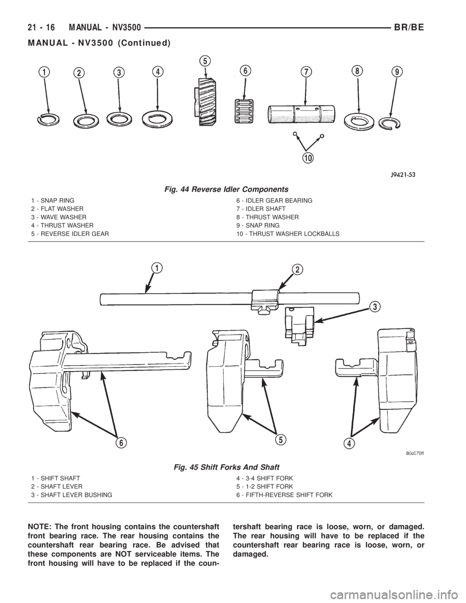 DODGE RAM 2001 Service Repair Manual NOTE: The front housing contains the countershaft
front bearing race. The rear housing contains the
countershaft rear bearing race. Be advised that
these components are NOT serviceable items. The
fron DODGE RAM 2001 Service Repair Manual NOTE: The front housing contains the countershaft
front bearing race. The rear housing contains the
countershaft rear bearing race. Be advised that
these components are NOT serviceable items. The
fron