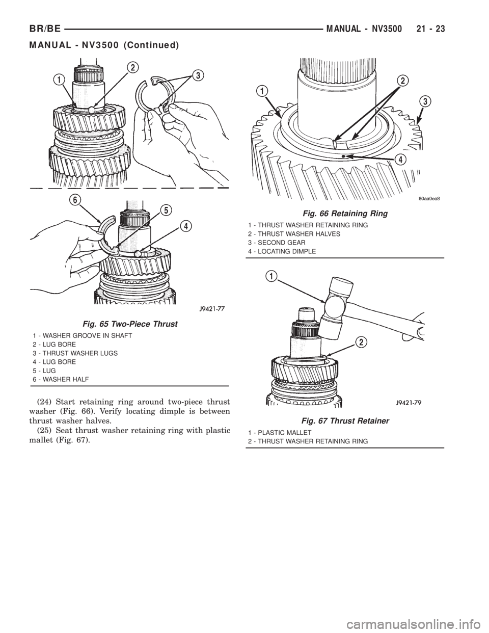 DODGE RAM 2001 Service Repair Manual (24) Start retaining ring around two-piece thrust
washer (Fig. 66). Verify locating dimple is between
thrust washer halves.
(25) Seat thrust washer retaining ring with plastic
mallet (Fig. 67).
Fig. 6 DODGE RAM 2001 Service Repair Manual (24) Start retaining ring around two-piece thrust
washer (Fig. 66). Verify locating dimple is between
thrust washer halves.
(25) Seat thrust washer retaining ring with plastic
mallet (Fig. 67).
Fig. 6