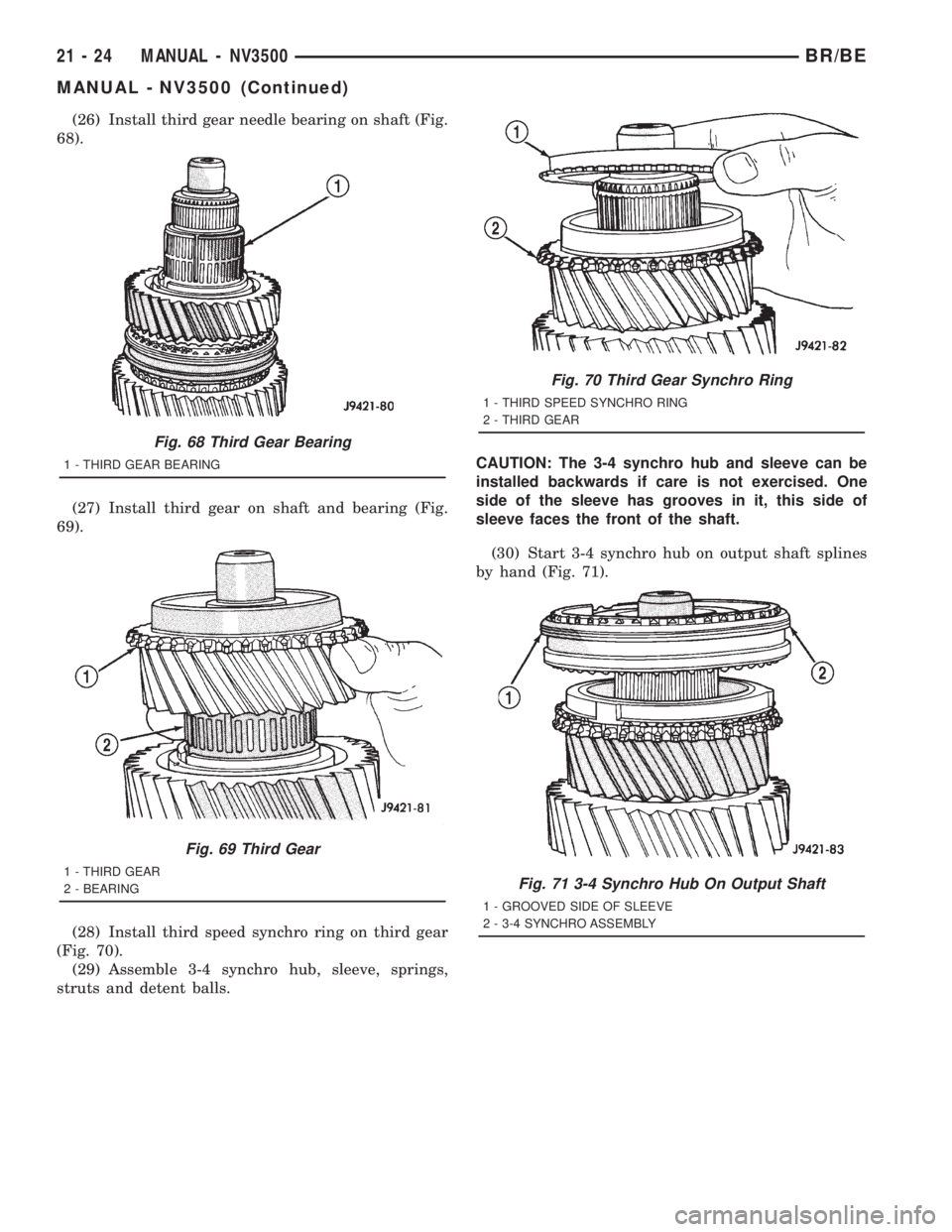 DODGE RAM 2001 Service Repair Manual (26) Install third gear needle bearing on shaft (Fig.
68).
(27) Install third gear on shaft and bearing (Fig.
69).
(28) Install third speed synchro ring on third gear
(Fig. 70).
(29) Assemble 3-4 sync DODGE RAM 2001 Service Repair Manual (26) Install third gear needle bearing on shaft (Fig.
68).
(27) Install third gear on shaft and bearing (Fig.
69).
(28) Install third speed synchro ring on third gear
(Fig. 70).
(29) Assemble 3-4 sync