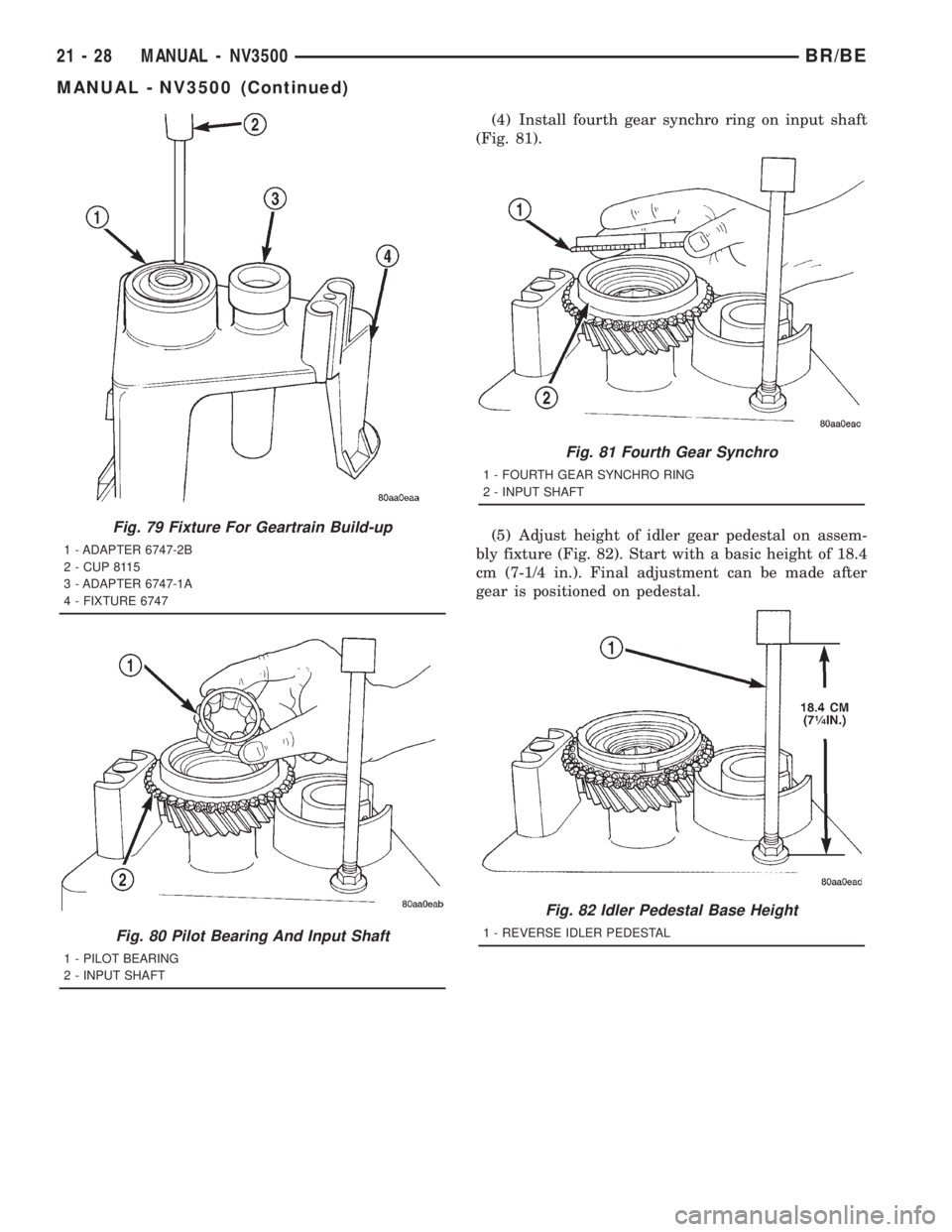 DODGE RAM 2001  Service Repair Manual (4) Install fourth gear synchro ring on input shaft
(Fig. 81).
(5) Adjust height of idler gear pedestal on assem-
bly fixture (Fig. 82). Start with a basic height of 18.4
cm (7-1/4 in.). Final adjustm