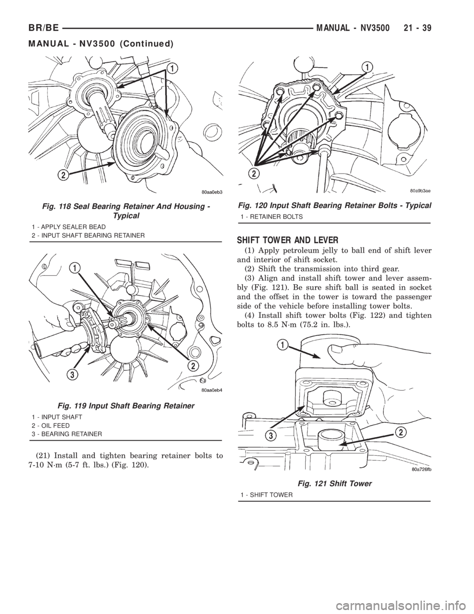 DODGE RAM 2001 Service Repair Manual (21) Install and tighten bearing retainer bolts to
7-10 N´m (5-7 ft. lbs.) (Fig. 120).
SHIFT TOWER AND LEVER
(1) Apply petroleum jelly to ball end of shift lever
and interior of shift socket.
(2) Shi DODGE RAM 2001 Service Repair Manual (21) Install and tighten bearing retainer bolts to
7-10 N´m (5-7 ft. lbs.) (Fig. 120).
SHIFT TOWER AND LEVER
(1) Apply petroleum jelly to ball end of shift lever
and interior of shift socket.
(2) Shi