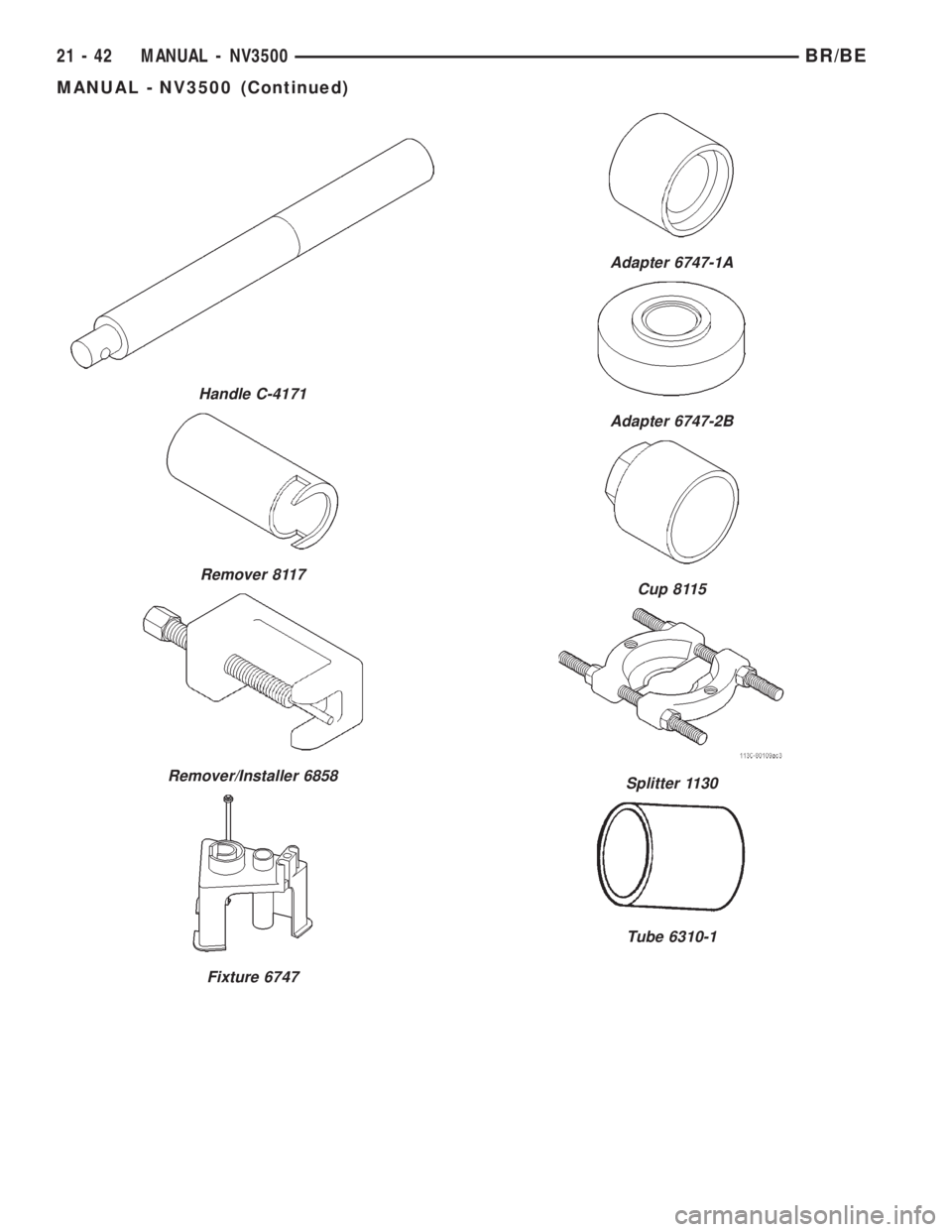DODGE RAM 2001 Service Repair Manual Handle C-4171
Remover 8117
Remover/Installer 6858
Fixture 6747
Adapter 6747-1A
Adapter 6747-2B
Cup 8115
Splitter 1130
Tube 6310-1
21 - 42 MANUAL - NV3500BR/BE
MANUAL - NV3500 (Continued) DODGE RAM 2001 Service Repair Manual Handle C-4171
Remover 8117
Remover/Installer 6858
Fixture 6747
Adapter 6747-1A
Adapter 6747-2B
Cup 8115
Splitter 1130
Tube 6310-1
21 - 42 MANUAL - NV3500BR/BE
MANUAL - NV3500 (Continued)