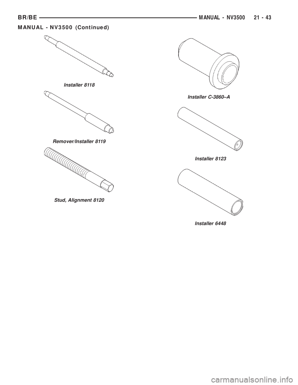 DODGE RAM 2001 Service Repair Manual Installer 8118
Remover/Installer 8119
Stud, Alignment 8120
Installer C-3860±A
Installer 8123
Installer 6448
BR/BEMANUAL - NV3500 21 - 43
MANUAL - NV3500 (Continued) DODGE RAM 2001 Service Repair Manual Installer 8118
Remover/Installer 8119
Stud, Alignment 8120
Installer C-3860±A
Installer 8123
Installer 6448
BR/BEMANUAL - NV3500 21 - 43
MANUAL - NV3500 (Continued)