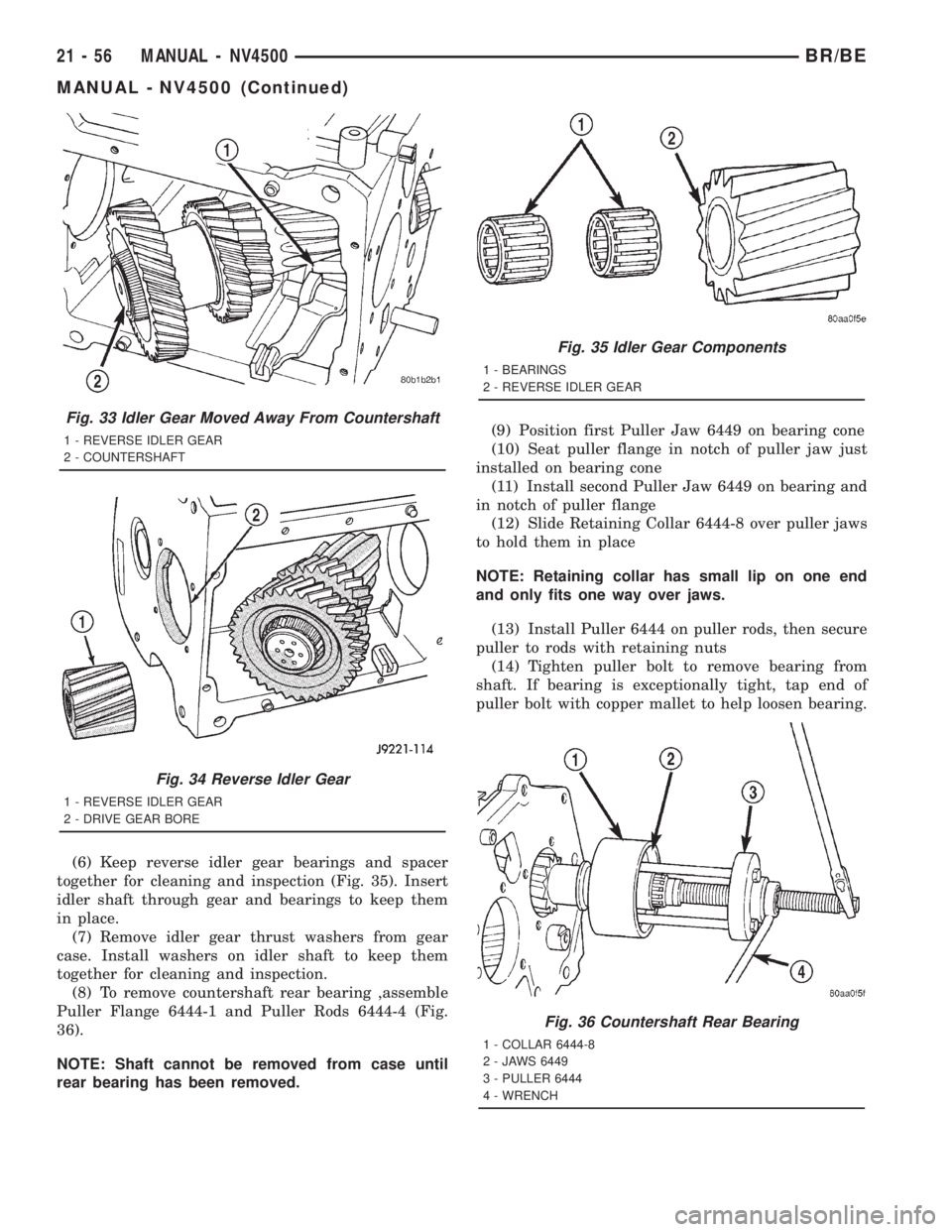 DODGE RAM 2001  Service Repair Manual (6) Keep reverse idler gear bearings and spacer
together for cleaning and inspection (Fig. 35). Insert
idler shaft through gear and bearings to keep them
in place.
(7) Remove idler gear thrust washers