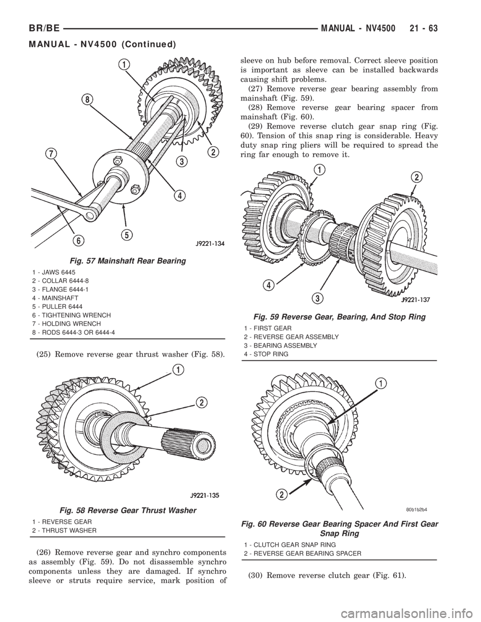 DODGE RAM 2001  Service Repair Manual (25) Remove reverse gear thrust washer (Fig. 58).
(26) Remove reverse gear and synchro components
as assembly (Fig. 59). Do not disassemble synchro
components unless they are damaged. If synchro
sleev