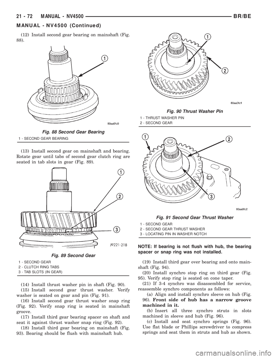 DODGE RAM 2001  Service Repair Manual (12) Install second gear bearing on mainshaft (Fig.
88).
(13) Install second gear on mainshaft and bearing.
Rotate gear until tabs of second gear clutch ring are
seated in tab slots in gear (Fig. 89).